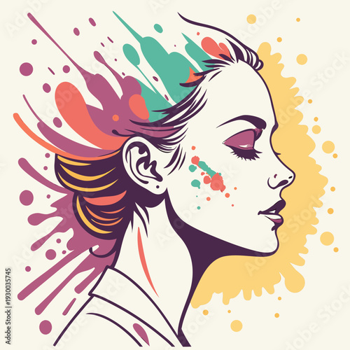 Profile portrait of a woman with closed eyes and colorful abstract paint splashes surrounding her head expressing creative thoughts