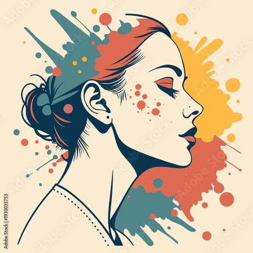 Artistic profile of woman with hair bun and colorful abstract paint splatters, minimalist drawing style