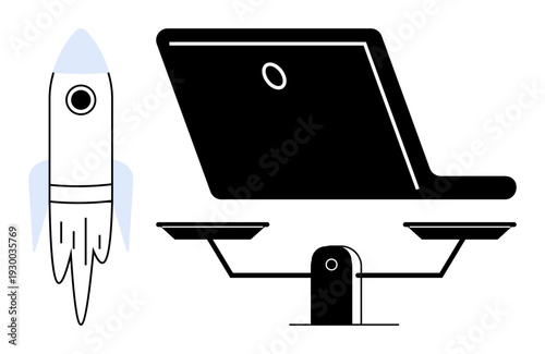 Startup innovation, tech advancement, balanced priorities, digital growth, entrepreneurship, productivity. Minimalist rocket, laptop and scale design. Tech advancement and balanced priorities