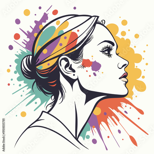 Artistic vector illustration of woman with hair bun and colorful paint spots on face and background featuring dynamic ink splatters and clean lines