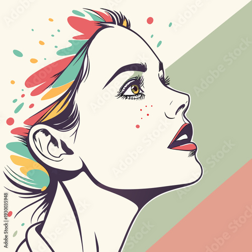 Beautiful young woman looking upwards with colorful abstract floral patterns and dots adorning her hair and skin in soft pastel tones of vector art