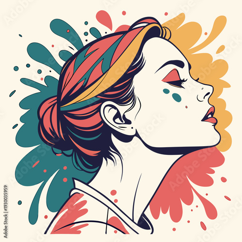 Side profile of young woman with vibrant paint splashes and colorful shapes integrated into hair and clothing style on a clean light ivory backdrop