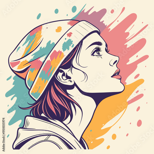 Woman wearing beanie hat and looking up in pop art style, abstract colorful paint splashes background for fashion store
