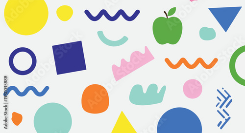 Colorful, playful geometric shapes and an apple on a white background