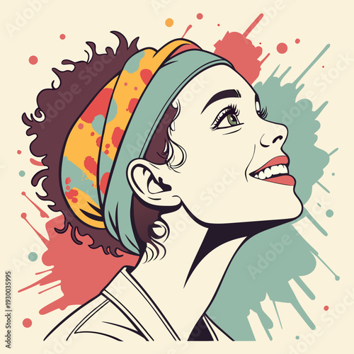 Joyful young woman's face looking up side view with curly hair and colorful abstract paint splashes expressing happiness and excitement