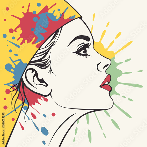 Profile portrait young woman's face side view with colorful paint splashes and bold abstract shapes representing vibrant personality and creativity