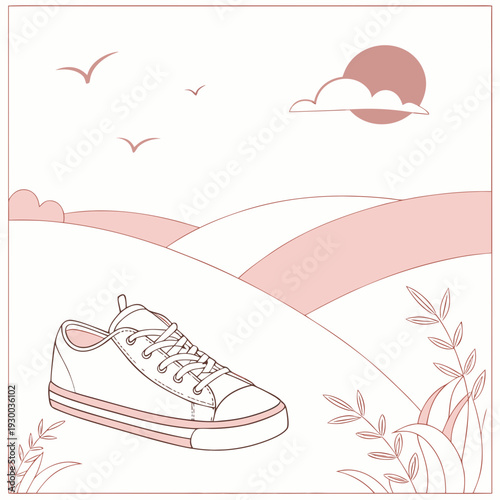 Casual white sneaker shoe on scenic landscape path with rolling hills and birds flying under sun light representing outdoor activities and trekking