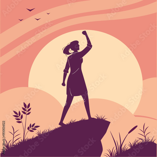 Silhouette of strong woman standing on mountain peak raising fist against sunset sky with flying birds representing success leadership and victory