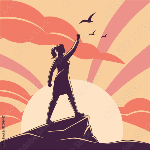 Strong woman standing on cliff edge raising arm with clenched fist against dramatic sunset background representing female empowerment and leadership