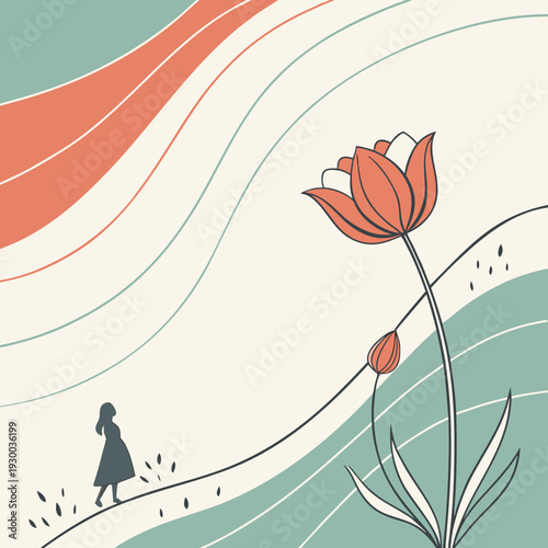 Silhouette of woman walking towards large tulip flower, abstract wavy background lines, inspirational journey, nature theme