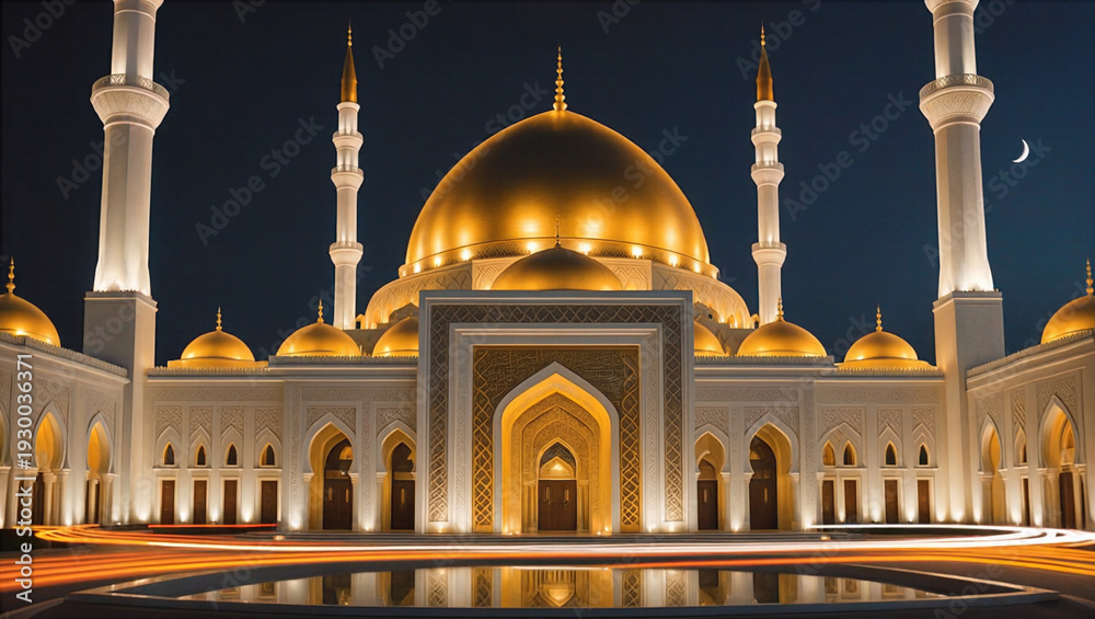Fototapeta premium Grand mosque with intricate architecture and glowing lights at night