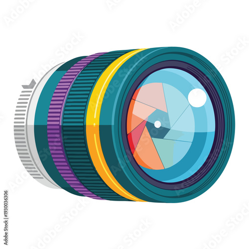 Colorful illustrated photographic lens, with elements of various colors and designs