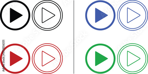 play button and media player icon isolated on white background, vector illustration of start and video streaming for digital content in colorful solid and outline styles.