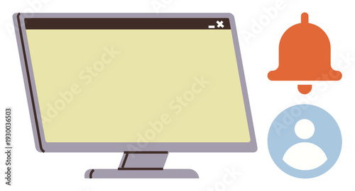 Online communication, notifications, user interface, alerts, digital workspace, system updates. Computer screen with notification bell and user icon. Notifications and user interface concepts