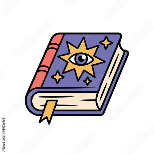 Mystical spell book with glowing eye symbol and sparkling stars on dark cover.