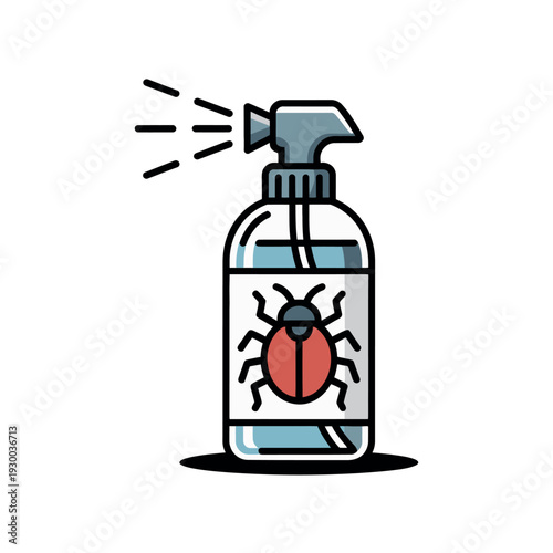 Pesticide spray bottle clearly displays a warning label featuring a large red insect graphic.