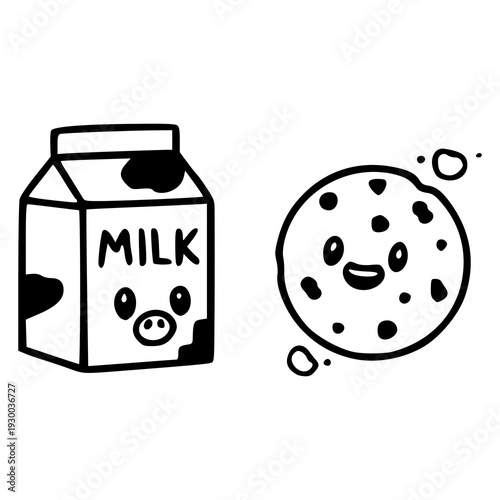cute kawaii milk carton and chocolate chip cookie outline drawing