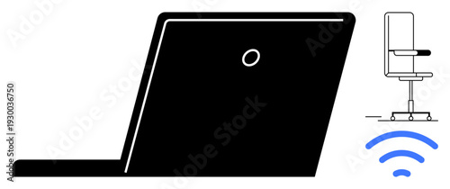 Remote work, digital communication, online learning, connectivity, modern workspace, technology usage. Minimalist laptop silhouette, office chair and wireless icon. Remote work and digital