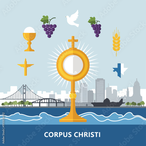 Flat illustration of symbolic Christian imagery with a cityscape backdrop