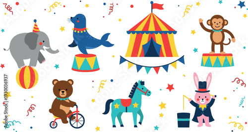 Cute circus animals vector illustration set with elephant, monkey, bear, seal and colorful carnival tent