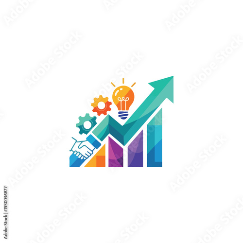 Colorful graphic combining bar chart, gear, lightbulb, and handshake, pointing up