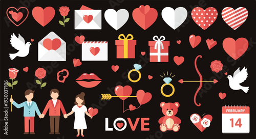 Flat vector graphic featuring hearts, gifts, people, and romantic symbols