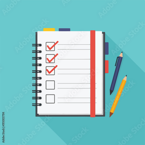 Flat lay of a notebook with a checklist, pens, and pencils on a desk