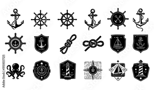 Black & White Maritime Icons – Anchor, Helm Wheel & Shield Emblem Vector Set