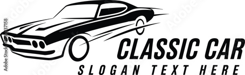 Classic muscle car logo vector illustration, vintage automotive design with dynamic motion lines, bold text, and retro branding motifs