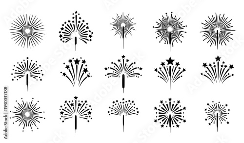 Black Silhouette Fireworks and Sparkler Burst Icon Collection for Celebration Design