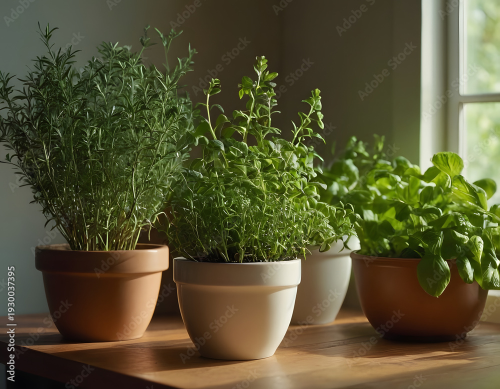 Fototapeta premium Aromatic herbs growing on the kitchen table. Generative AI. plants in the pots.