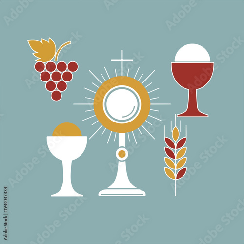 Colorful illustrated religious symbolism including a sun, chalices, grapes