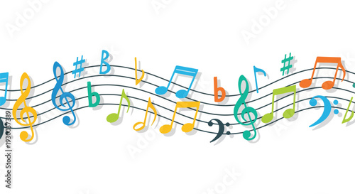 Colorful musical notes and symbols on a white background with staff lines