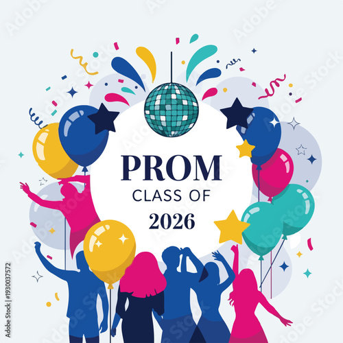 Colorful illustration with party scene, balloons, disco ball, and text "PROM 2026.