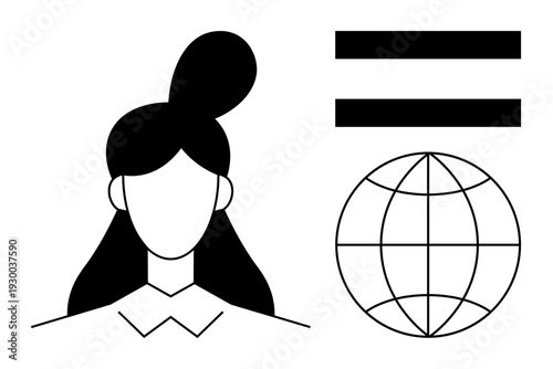 Female headshot alongside equal sign and globe emphasizing gender equality, global unity, inclusion, fairness, feminism, leadership, empowerment. Ideal for social justice, equality topics activism