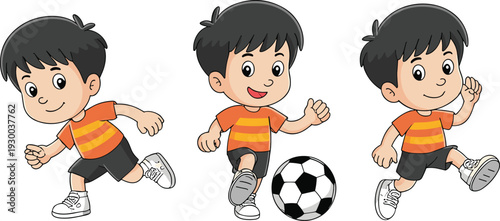 Soccer cartoon boy vector illustration set, cheerful children’s sports design with running, kicking ball, and dynamic playful motifs