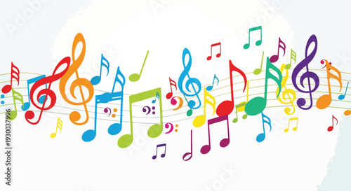 Colorful musical notes and symbols over a light-colored background