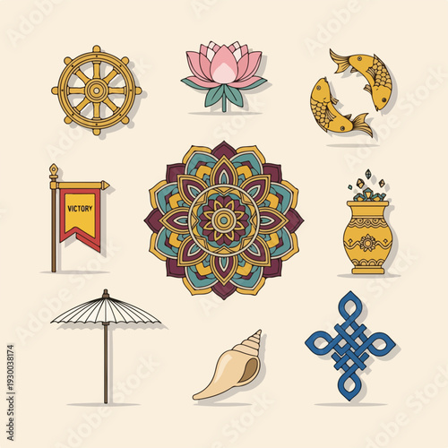 Colorful illustrated set with wheel, lotus, fish, flag, mandala, etc