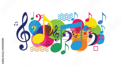 Colorful musical notes and symbols over an abstract background