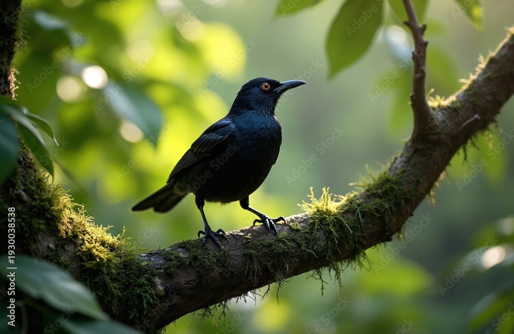 Fototapeta premium A glossy black bird with bright orange eyes perches on a moss-covered tree branch. Rich green leaves create a soft, blurred background, suggesting a tranquil forest setting on a sunny day.