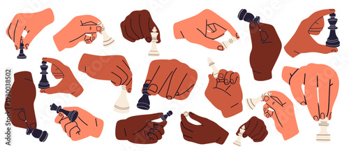 Flat vector illustration set of diverse hands holding chess pieces in different gestures. Modern minimal cartoon style isolated on light background for branding, marketing, and educational design.