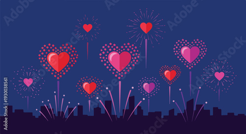 Colorful heart-shaped fireworks over a dark silhouette skyline