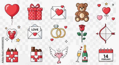 Cute illustrated icons of Valentine's Day elements with romantic themes