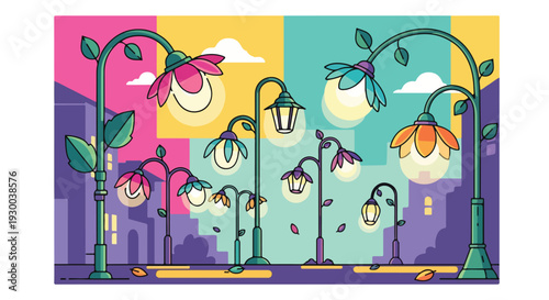Colorful illustrated street scene with stylized flower-shaped streetlights