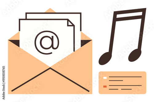 Digital communication, email marketing, music sharing, messaging apps, content creation, multimedia visuals. Open envelope with email sign, musical note and text details. Email marketing and music