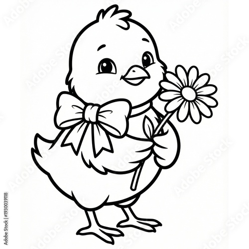 Cute easter baby chick holding a spring flower coloring page for kids, black and white animal vector line art illustration