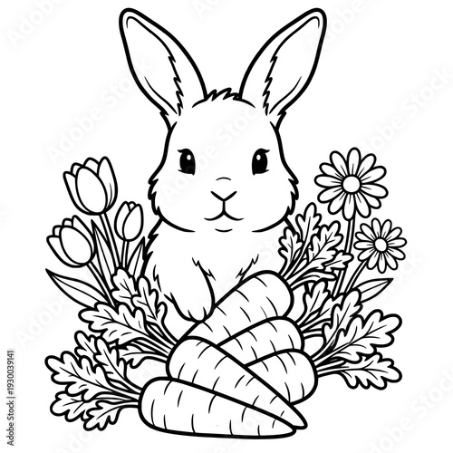 Cute easter bunny rabbit with carrots and spring flowers coloring page for kids, black and white vector line art illustration