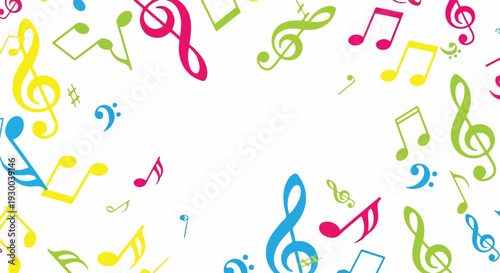 Colorful musical notes and symbols scattered against a white background
