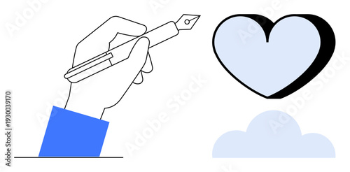 Graphic design, creativity, human emotions, artistic concepts, symbolism, abstract ideas. A hand holding a pen next to a heart and cloud shape. Creativity and human emotions concept
