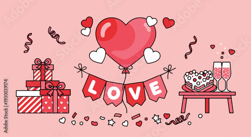 Cute vector illustration with romantic symbols and "LOVE" banner